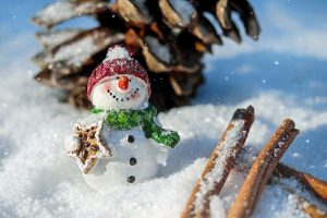 Ein lächelnder Weihnachtsmann mit einem Zimtstern in der Hand. Er sitzt im Schnee.